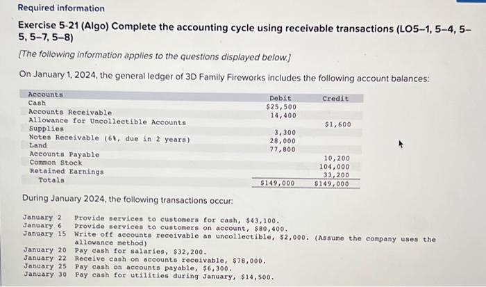 Required information Exercise 5-21 (Algo) Complete the accounting cycle using receivable transactions