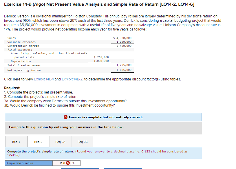 Exercise 14-9 (Algo) Net Present Value Analysis and Simple Rate of Return