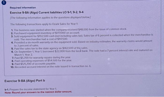 Required information Exercise 9-8A (Algo) Current liabilities LO 9-1, 9-2, 9-4 [The