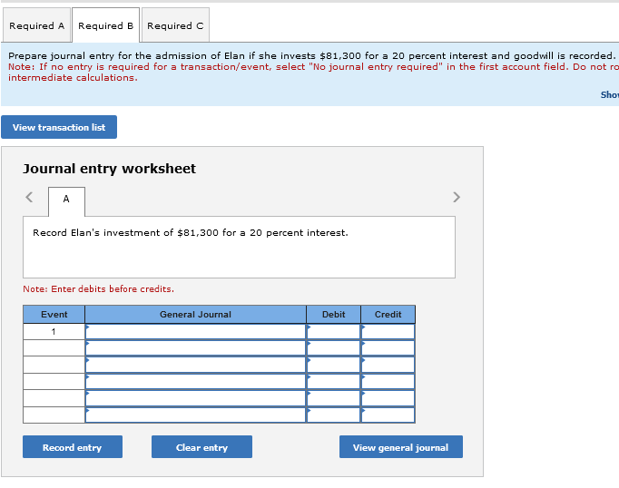 recorded, how much must Elan invest for a one-third interest? Note: Do