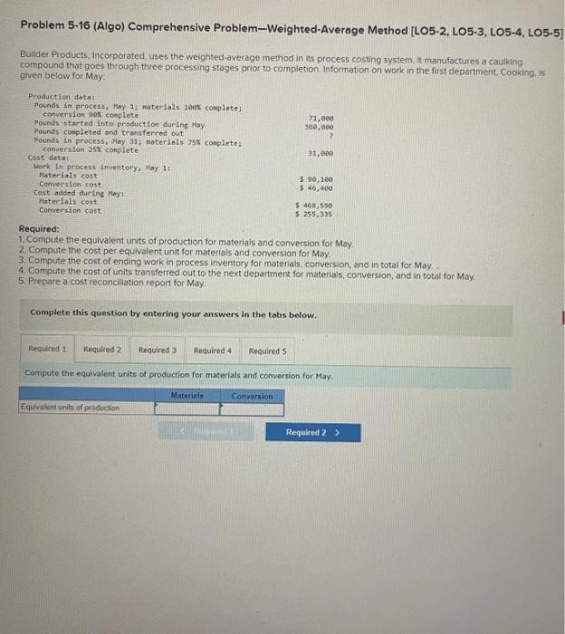 Problem 5-16 (Algo) Comprehensive Problem-Weighted-Average Method [LO5-2, LO5-3, LO5-4, LO5-5] Builder Products,