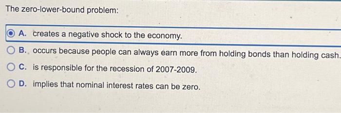 The zero-lower-bound problem: A. creates a negative shock to the economy. B.