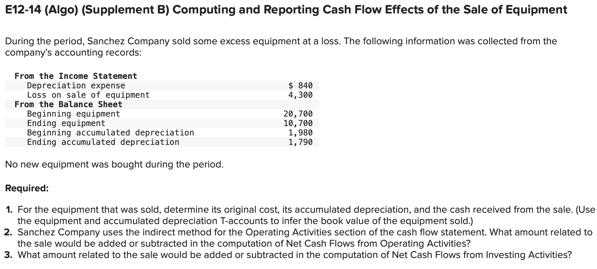 E12-14 (Algo) (Supplement B) Computing and Reporting Cash Flow Effects of the