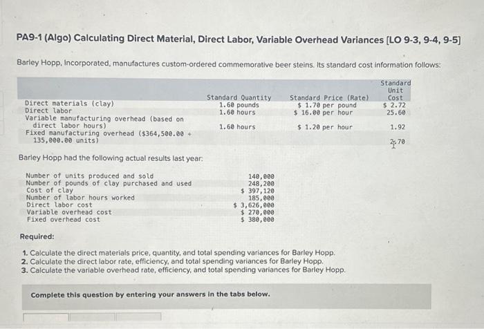 PA9-1 (Algo) Calculating Direct Material, Direct Labor, Variable Overhead Variances [LO 9-3,