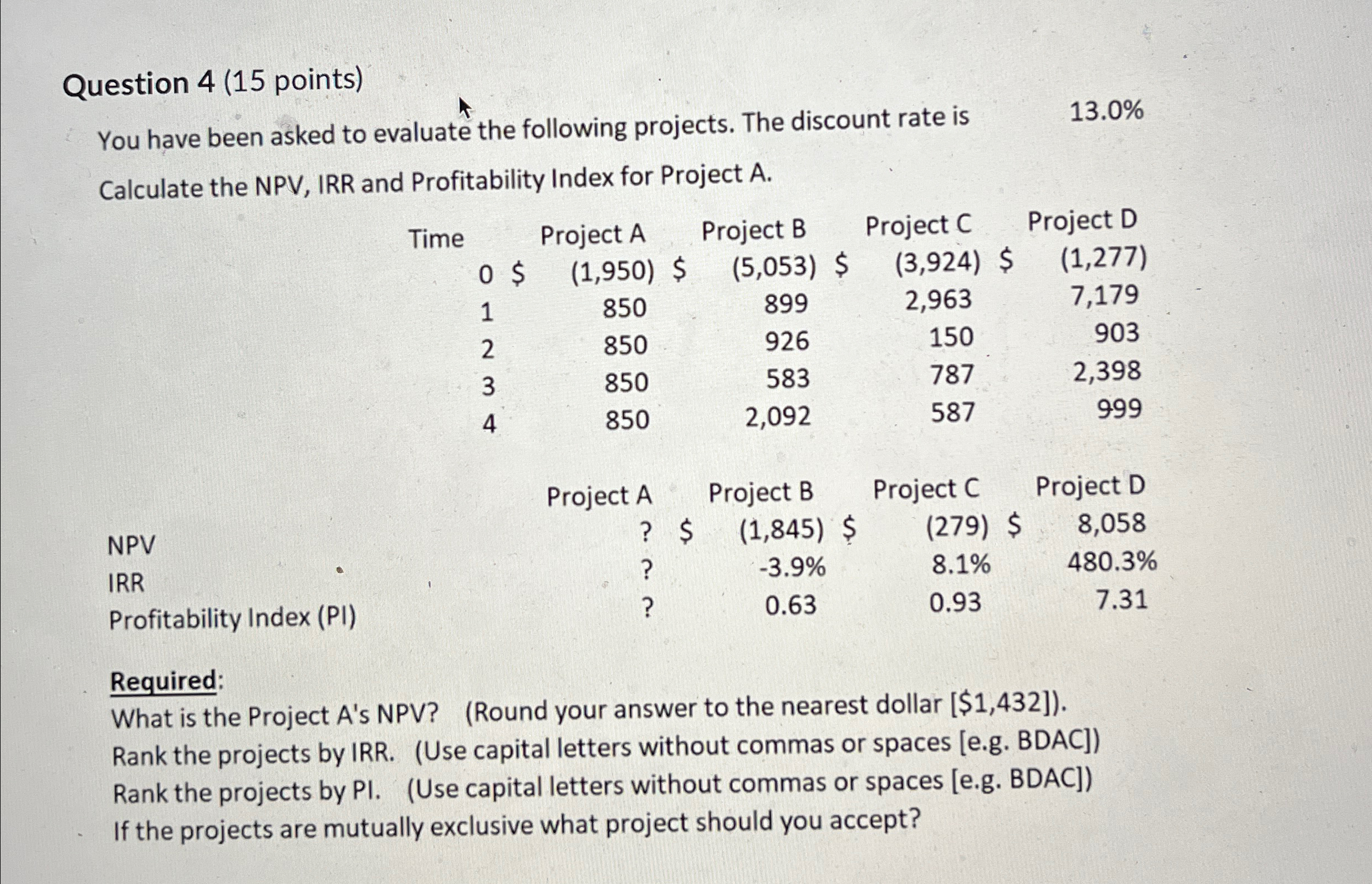 Question 4 (15 points) You have been asked to evaluate the following