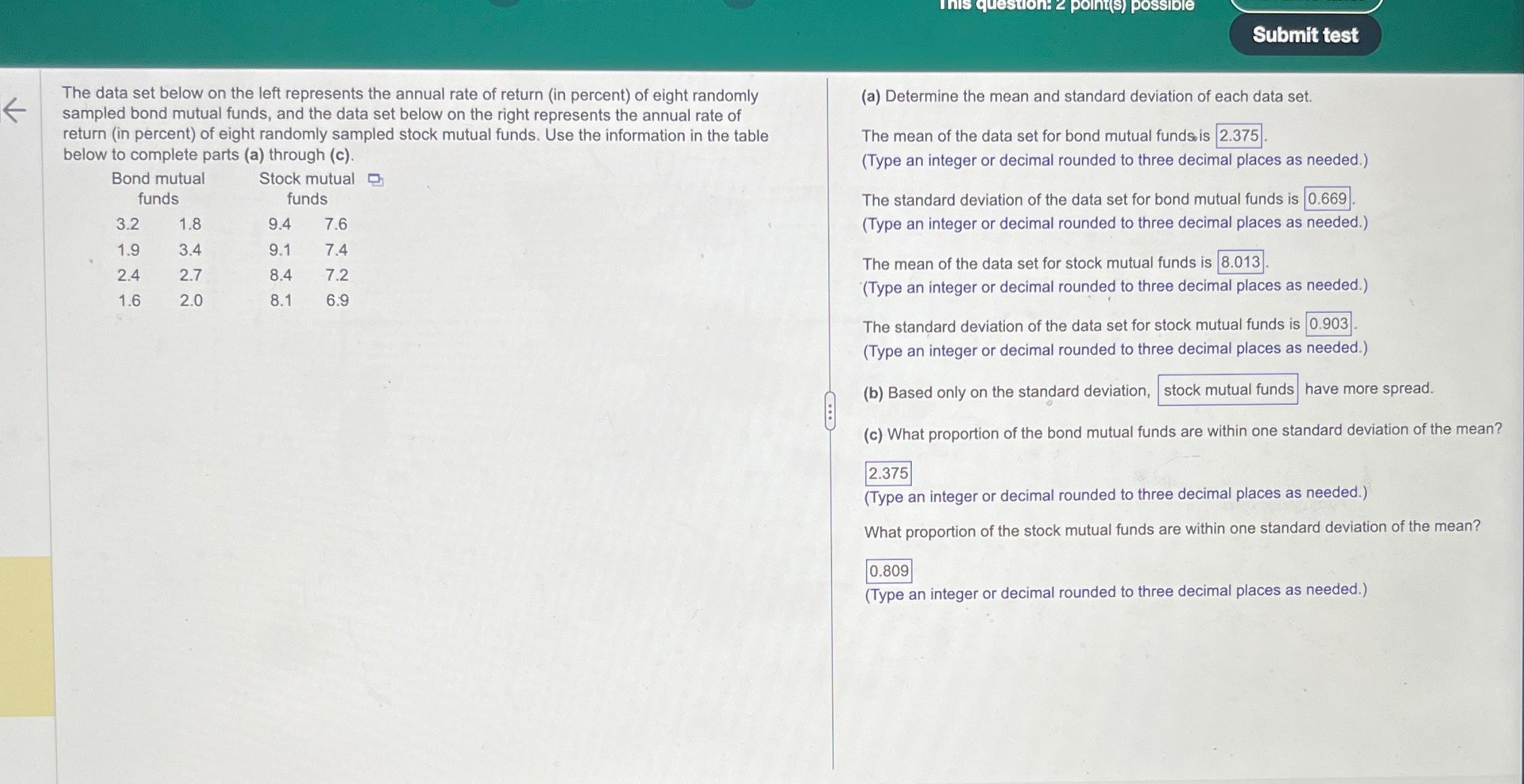 his question: 2 point(s) possible Submit test The data set below on