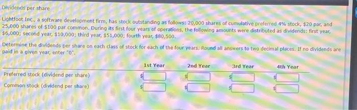 Dividends per share Lightfoot Inc., a software development firm, has stock outstanding