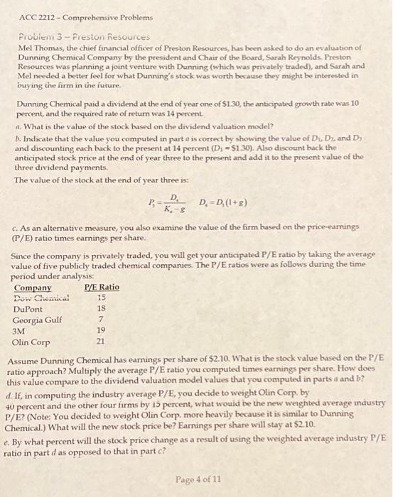 ACC 2212 - Comprehensive Problems Problem 3- Preston Resources Mel Thomas, the