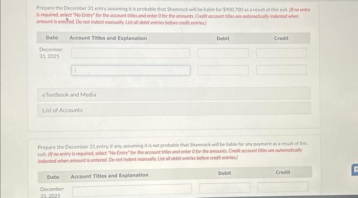 Prepare the December 31 entry assuming it is probable that Shamrock will