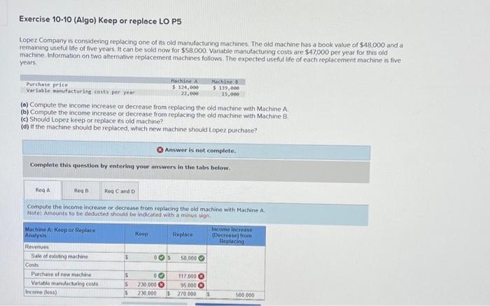 Exercise 10-10 (Algo) Keep or replace LO P5 Lopez Company is considering