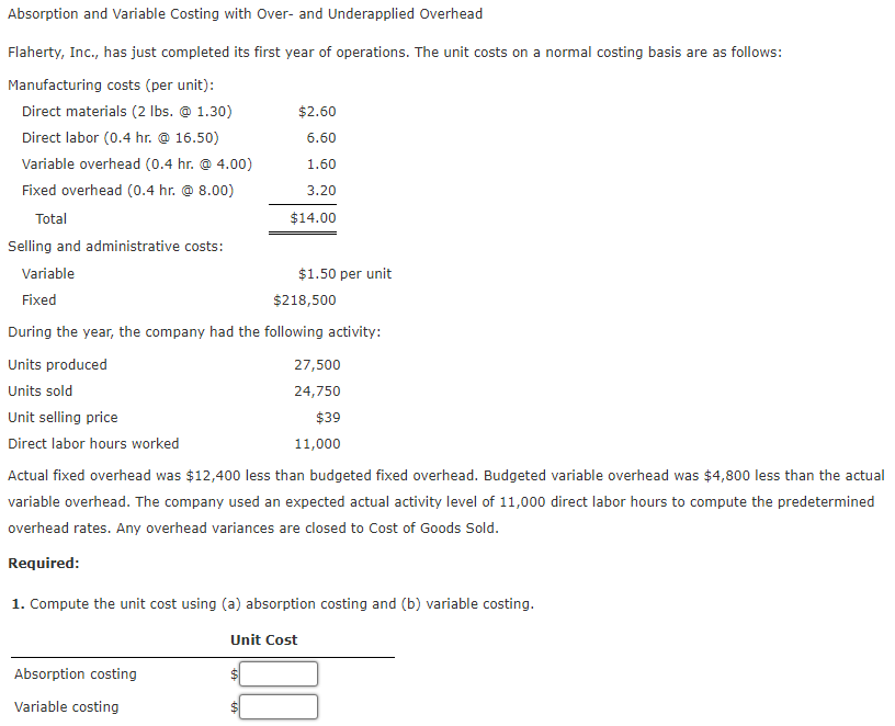 Absorption and Variable Costing with Over- and Underapplied Overhead Flaherty, Inc., has