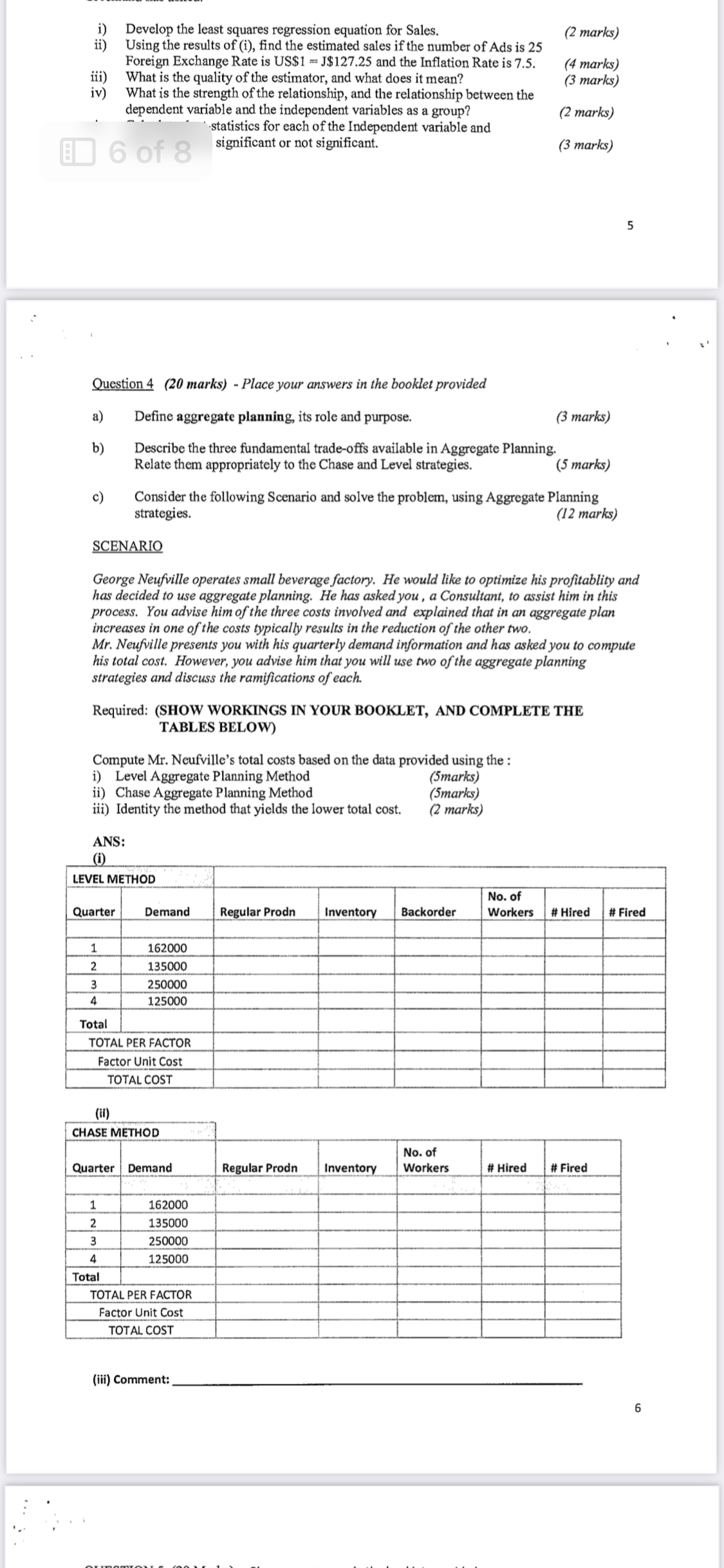 i) Develop the least squares regression equation for Sales. (2 marks) ii)