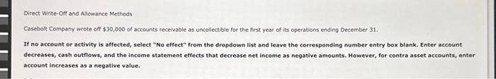 Direct Write-Off and Allowance Methods Casebolt Company wrote off $30,000 of accounts