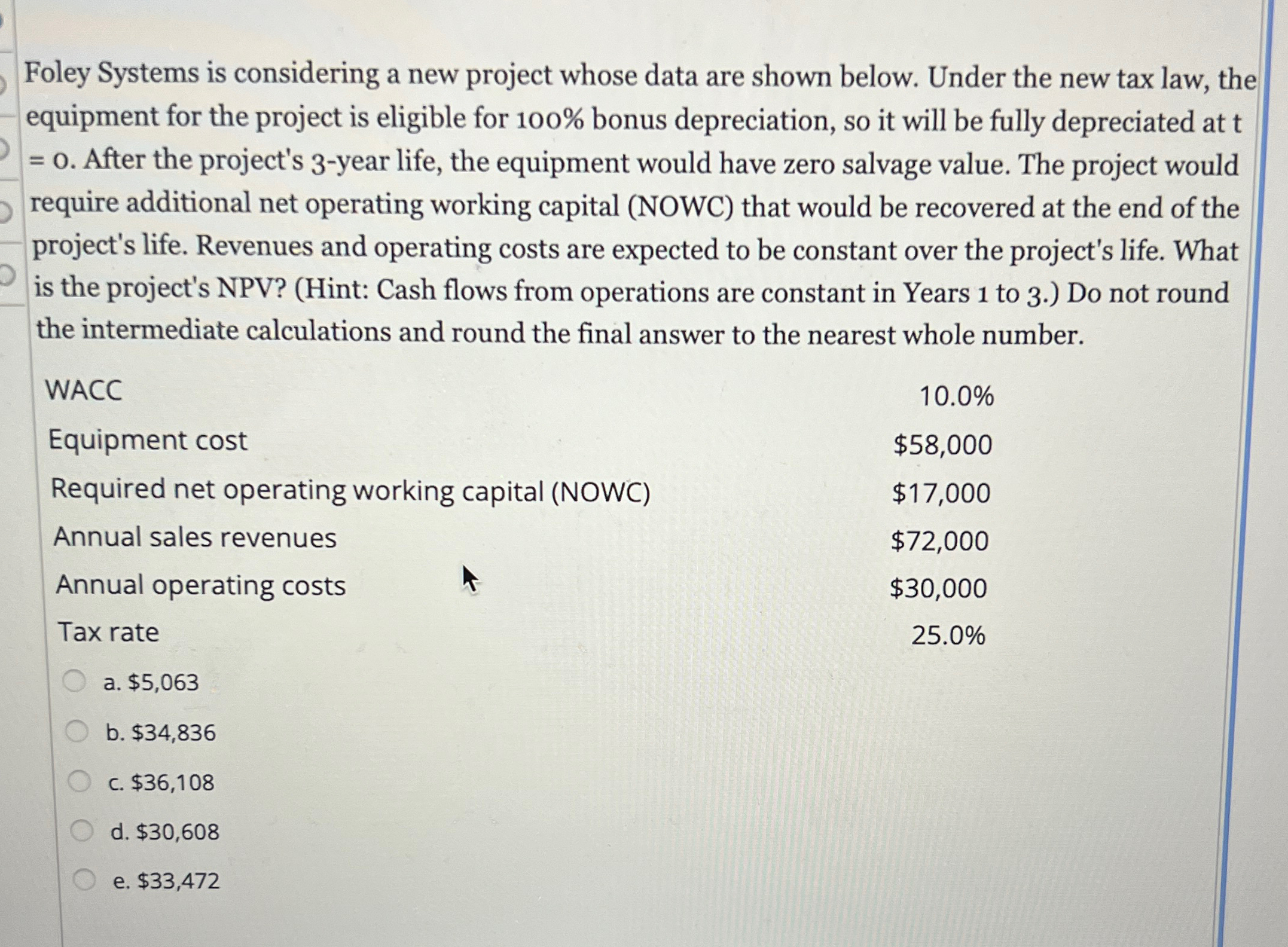 Foley Systems is considering a new project whose data are shown below.