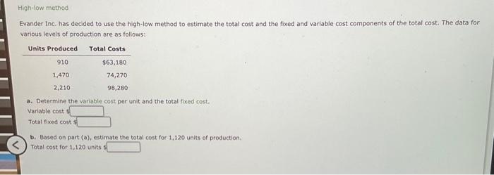 High-low method Evander Inc. has decided to use the high-low method to