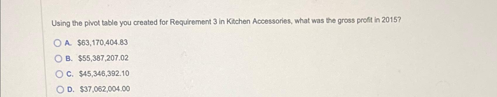 Using the pivot table you created for Requirement 3 in Kitchen Accessories,