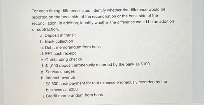 For each timing difference listed, identify whether the difference would be reported