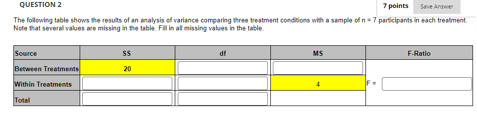 QUESTION 2 7 points Save Answer The following table shows the results