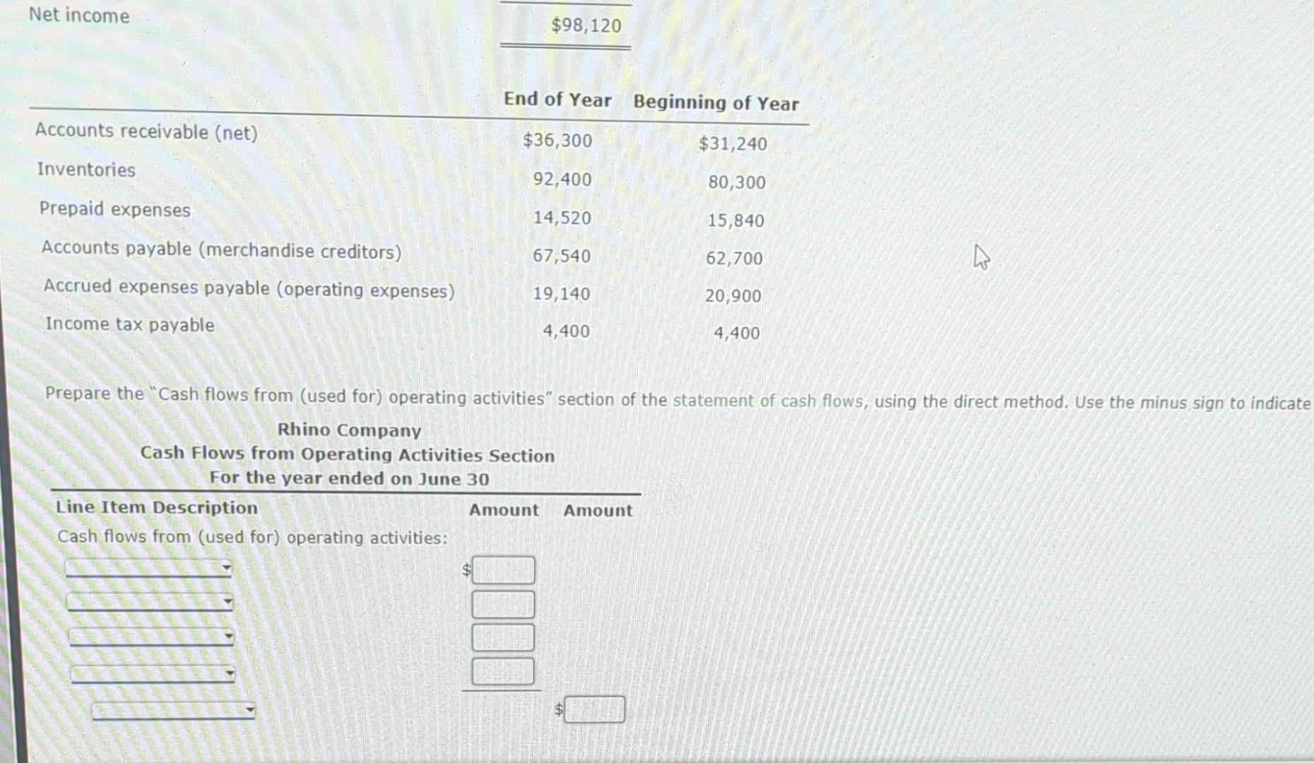 Rhino Company for the current year ended June 30 and balances of