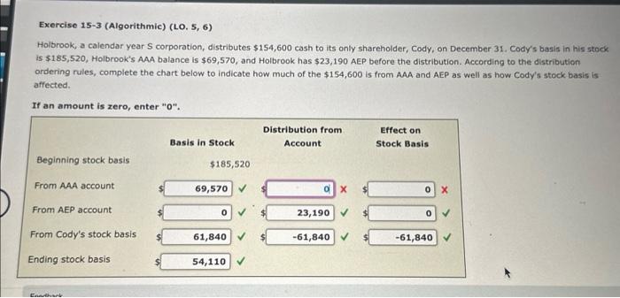 Exercise 15-3 (Algorithmic) (LO. 5, 6) Holbrook, a calendar year S corporation,