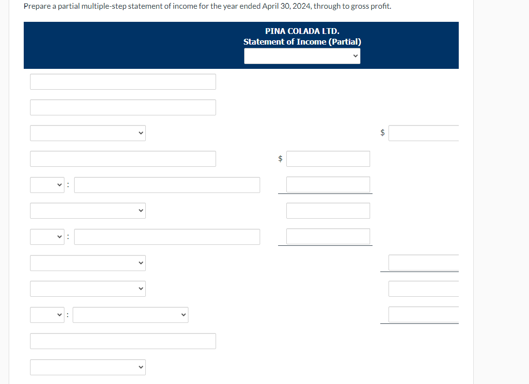 accounts for Pina Colada Ltd. for the year ended April 30, 2024: