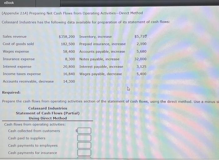 eBook (Appendix 11A) Preparing Net Cash Flows from Operating Activities-Direct Method Colassard