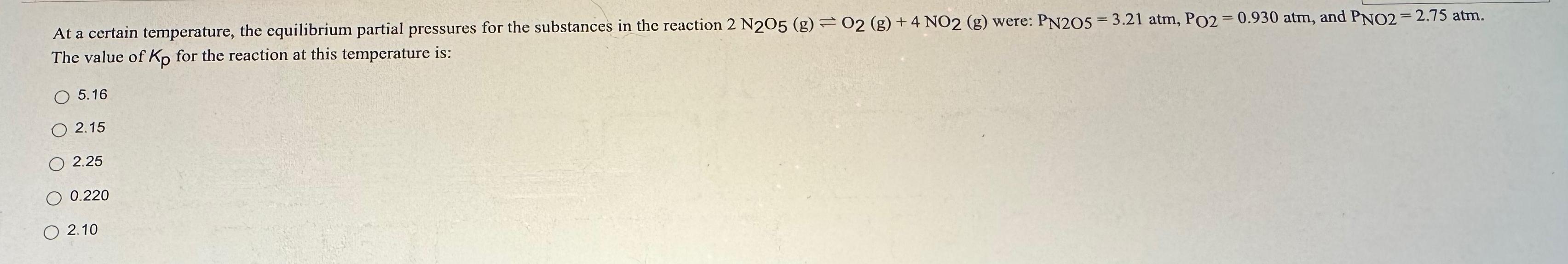 At a certain temperature, the equilibrium partial pressures for the substances in