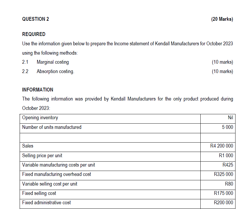 QUESTION 2 REQUIRED (20 Marks) Use the information given below to prepare