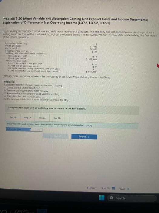Problem 7-20 (Algo) Variable and Absorption Costing Unit Product Costs and Income