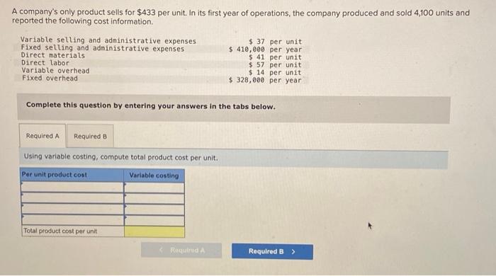 the following cost information. Variable selling and administrative expenses Fixed selling and