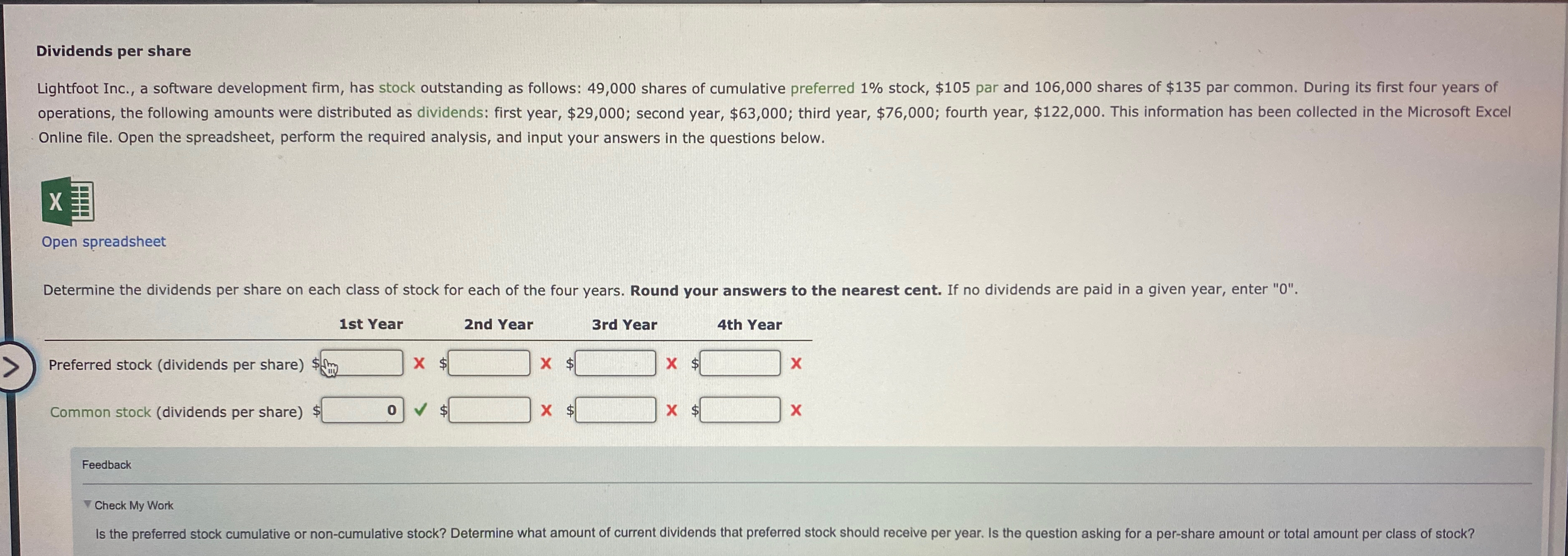 Dividends per share Lightfoot Inc., a software development firm, has stock outstanding