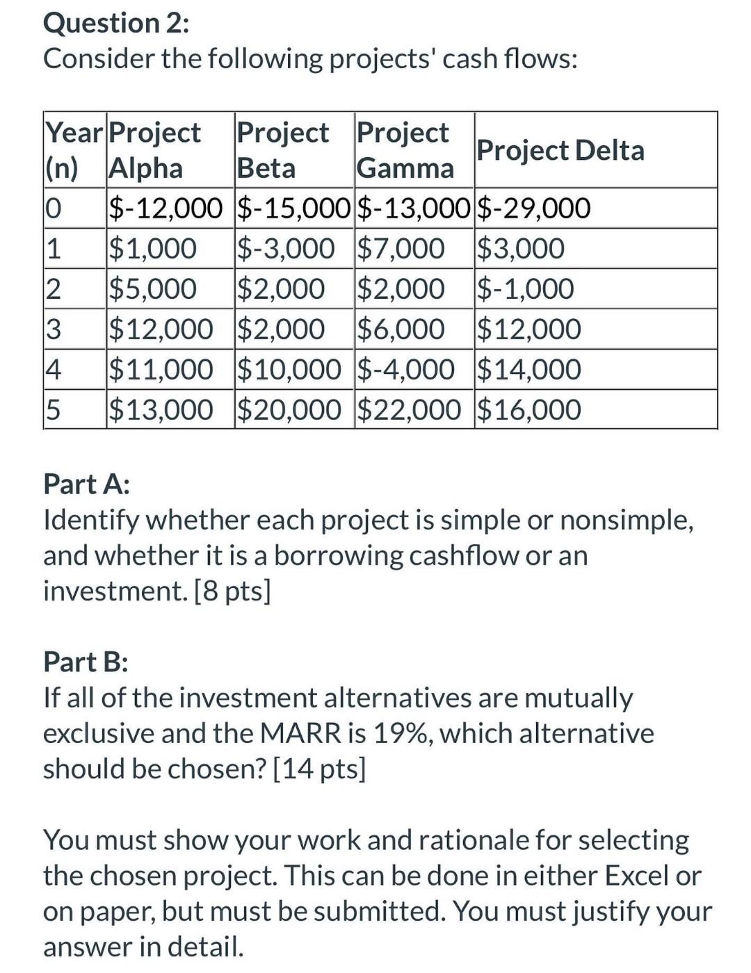Question 2: Consider the following projects' cash flows: Year Project Project Project