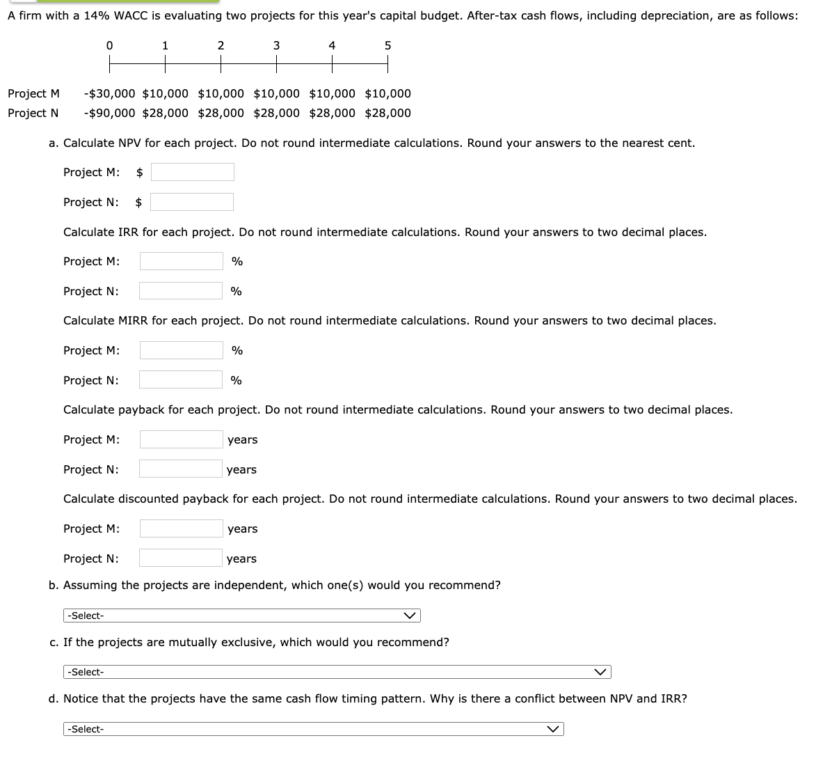 A firm with a 14% WACC is evaluating two projects for this