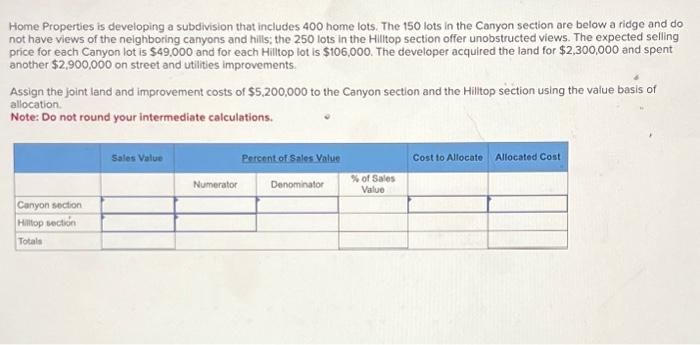 Home Properties is developing a subdivision that includes 400 home lots. The