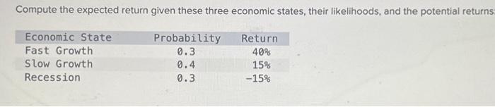 Compute the expected return given these three economic states, their likelihoods, and