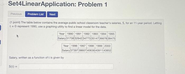 Set4LinearApplication: Problem 1 Previous Problem List Next (1 point) The table below