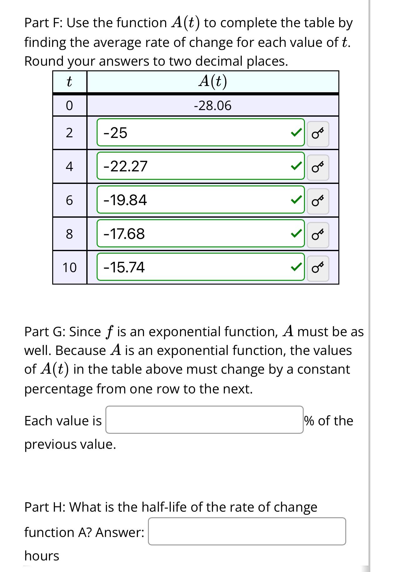Part F: Use the function A(t) to complete the table by finding