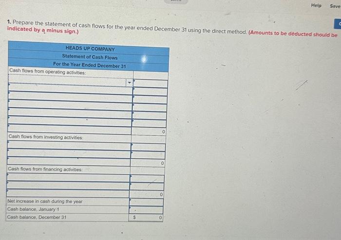 Help Save 1. Prepare the statement of cash flows for the year