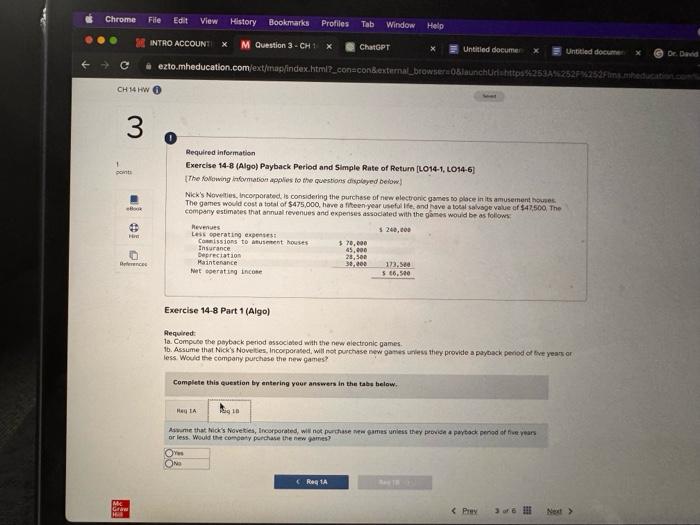 information Exercise 14-8 (Algo) Payback Period and Simple Rate of Return [LO14-1,