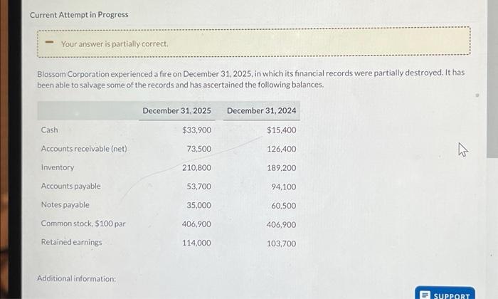 Current Attempt in Progress Your answer is partially correct. Blossom Corporation experienced