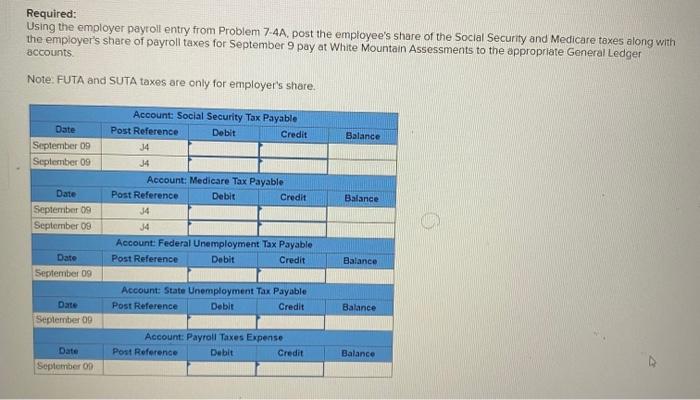 Required: Using the employer payroll entry from Problem 7-4A, post the employee's