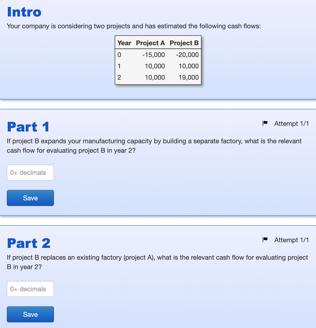 Intro Your company is considering two projects and has estimated the following