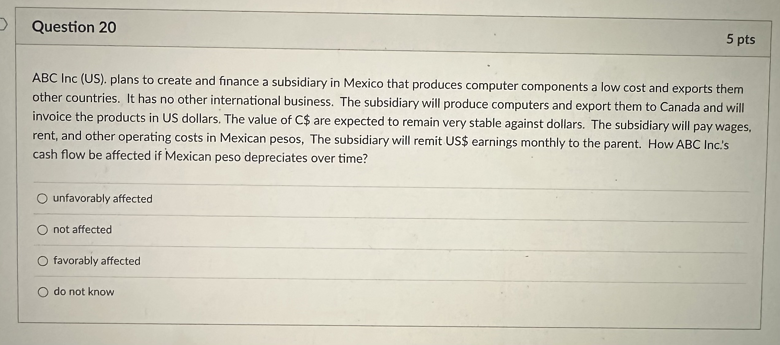 Question 20 5 pts ABC Inc (US). plans to create and finance