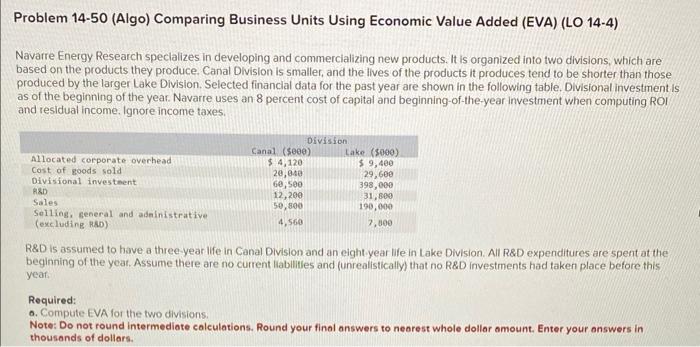Problem 14-50 (Algo) Comparing Business Units Using Economic Value Added (EVA) (LO