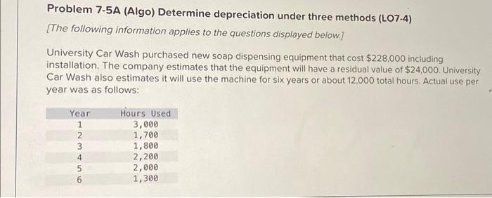 Problem 7-5A (Algo) Determine depreciation under three methods (LO7-4) [The following information