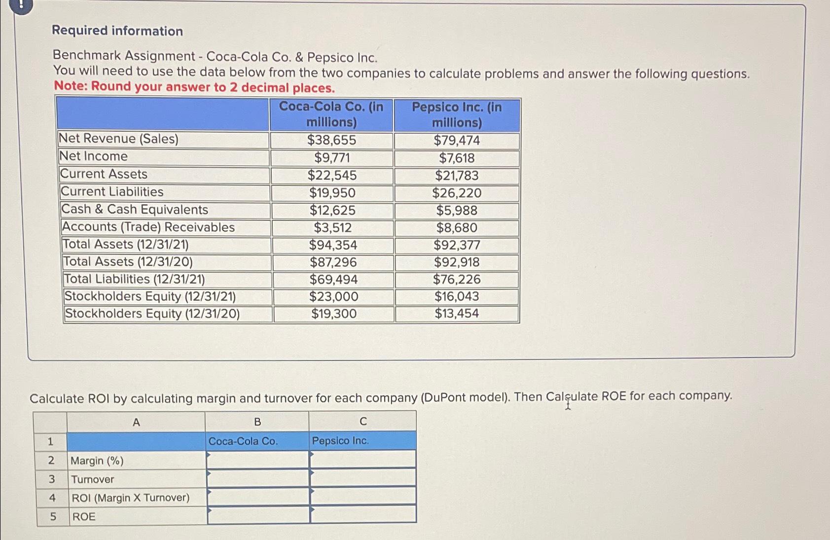 Required information Benchmark Assignment - Coca-Cola Co. & Pepsico Inc. You will