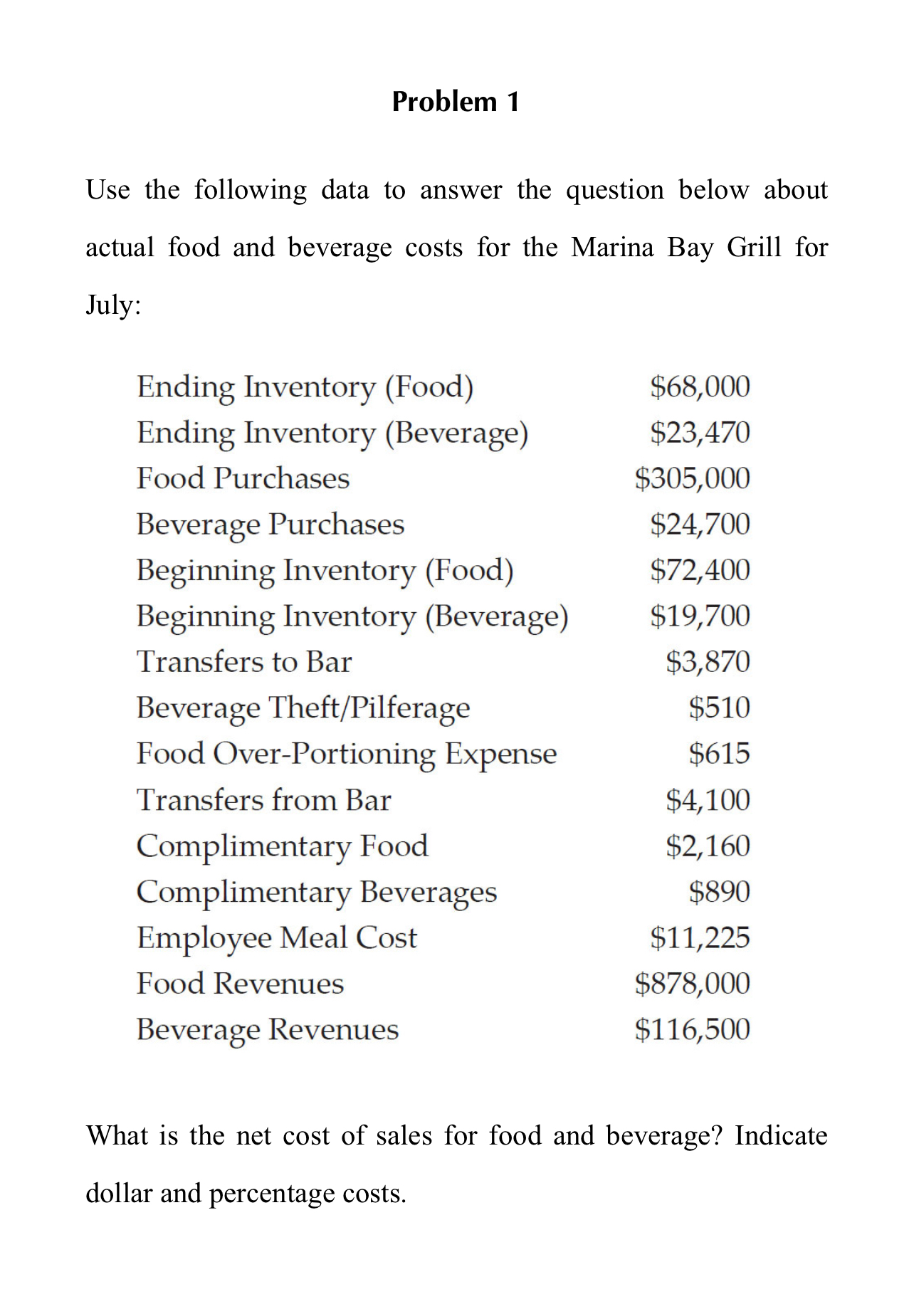Problem 1 Use the following data to answer the question below about