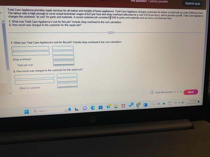 This question: 1 point(s) possible Submit quiz Total Care Appliance provides repair