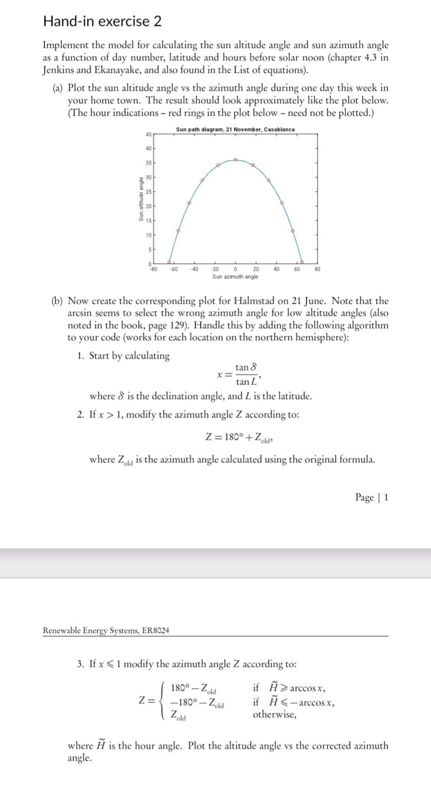 Hand-in exercise 2 Implement the model for calculating the sun altitude angle