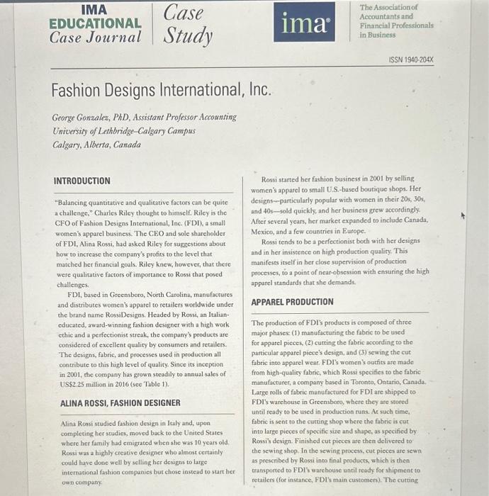 IMA EDUCATIONAL Case Journal Case Study Fashion Designs International, Inc. George Gonzalez,